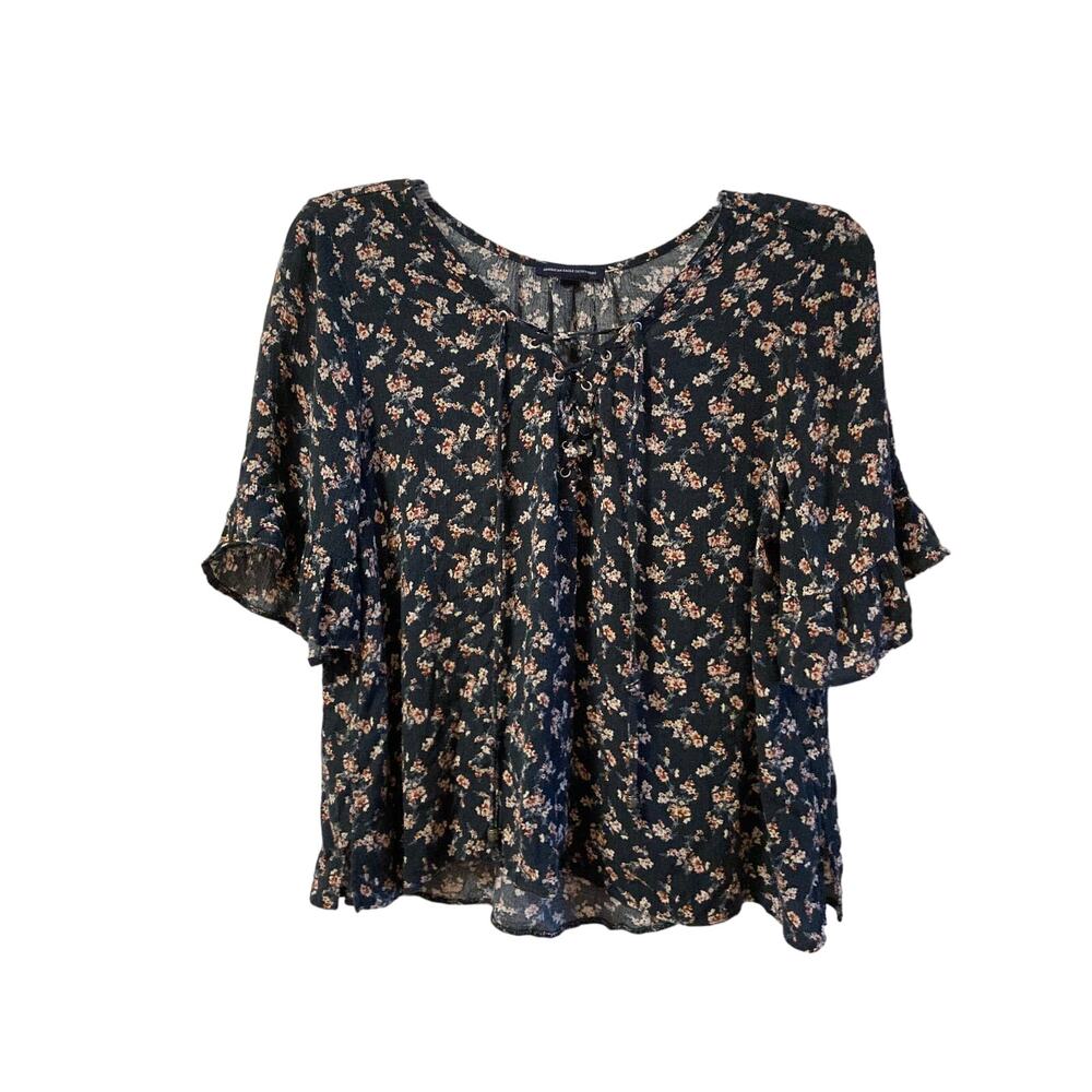 American Eagle Foral Bell Sleeve Lace Up Front SzM